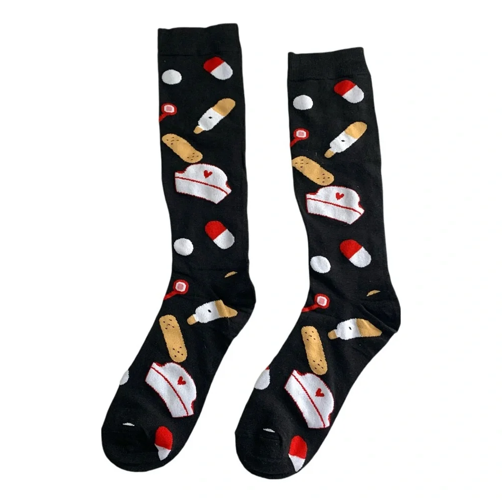 Women’s Novelty Nurse Themed Black Socks Shoe Size 7-9 Healthcare Worker RN